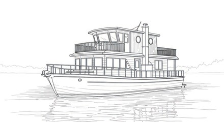 Detailed nautical vessel illustration floating on calm water with reflection