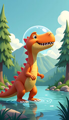 Orange dinosaur wearing a clear bubble helmet standing in water with trees