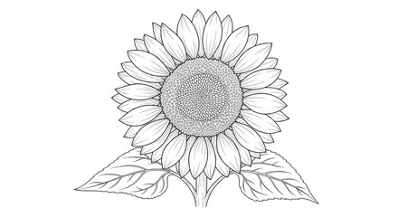 Detailed monochrome illustration of a vibrant sunflower with leaves