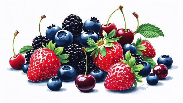 Assorted fresh berries stacked on white background with perfect clarity and focus. Realistic three-dimensional illustration.