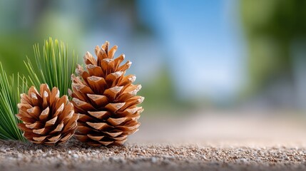 Two Frost Covered Pine Cones With Pine Needles On A Sandy Forest Floor With Soft Bokeh Background In Natural Daylight