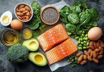 Fresh healthy ingredients including two salmon fillets, avocado halves, broccoli, spinach leaves, almonds, eggs, olive oil, chia seeds, and edamame beans on grey surface