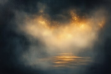 Misty, dark atmospheric scene with warm golden light breaking through fog above calm reflective water