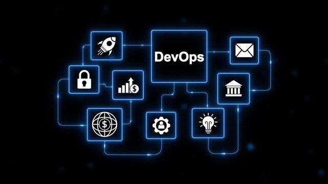 Dev Ops concept diagram with interconnected icons and glowing blue lines on dark background DevOps network