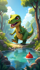 Happy green dinosaur standing by river with a red buoy, lush trees background