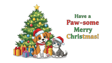 Holiday Cheer: A whimsical illustration captures the heartwarming joy of the holiday season, with a festive puppy and kitten under the twinkling lights of a Christmas tree.