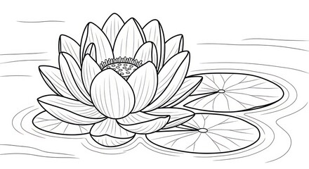 Elegant lotus flower illustration floating on water surface with lily pads