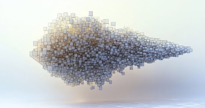 Abstract 3D formation composed of numerous translucent cubes clustered densely to loosely, floating above a reflective surface with soft ambient lighting