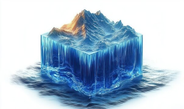A glowing translucent cube of blue ice with mountain peaks on top and light casting warm tones on one side - Powered by Adobe