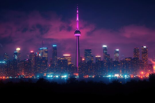 Nighttime city skyline featuring illuminated skyscrapers with a prominent tower glowing in purple under a cloudy sky - Powered by Adobe