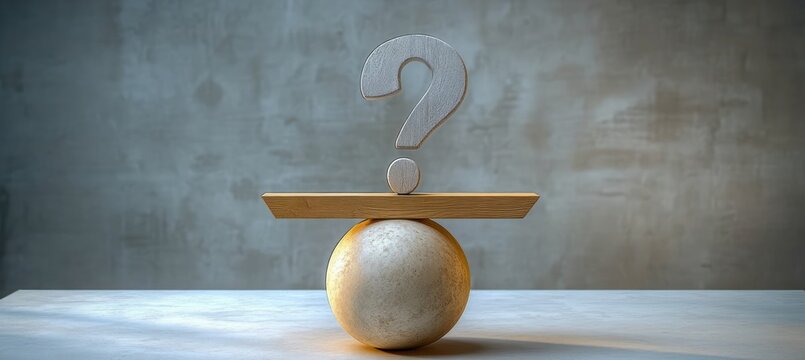metallic question mark balanced on wooden plank resting on large round stone with soft shadow and textured gray wall background