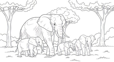 Elephant family illustration in black and white forest environment