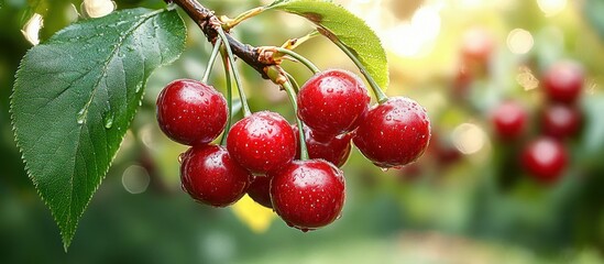 Close-up of ripe red cherries with water droplets hanging on a branch with green leaves in natural soft light background