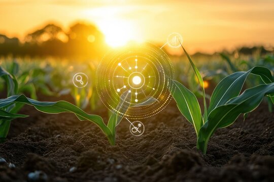 Young green corn plants growing in fertile soil at sunrise with digital agriculture technology interface overlay
