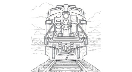 Front view of a diesel locomotive on tracks in line art illustration