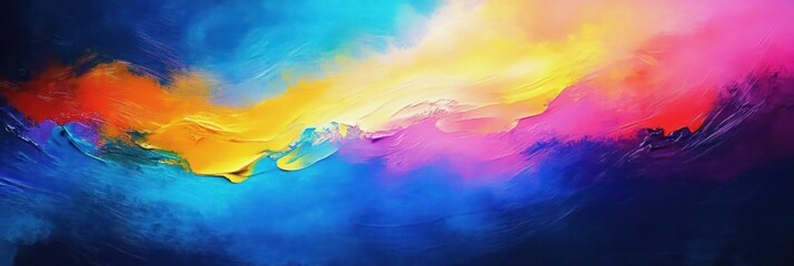 Abstract colorful painting with swirling textures featuring vibrant blue, yellow, orange, pink, and purple hues blending together dynamically