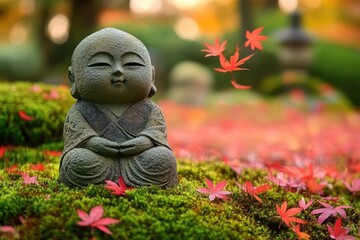 Small meditating stone statue surrounded by green moss and red maple leaves in a peaceful garden setting with soft blurred background