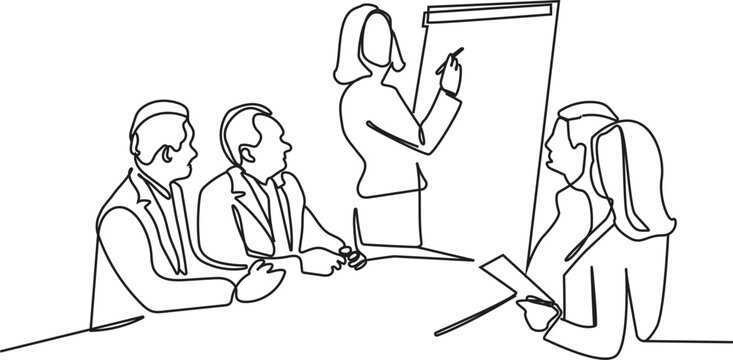 Continuous One Line Drawing of a Business Presentation and Team Meeting - continuous line drawing, one line art, business presentation, teamwork, collaboration, corporate meeting, professionals, offic
