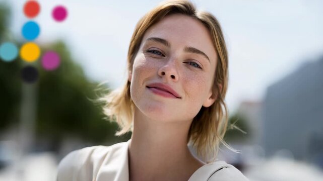 Portrait woman freckle smile outdoor urban natural light young woman with freckled face smiling softly outdoor urban setting warm expression