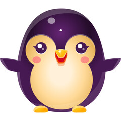 Charming Purple Penguin Character with Big Eyes and Orange Beak Standing with Open Wings Against White Background