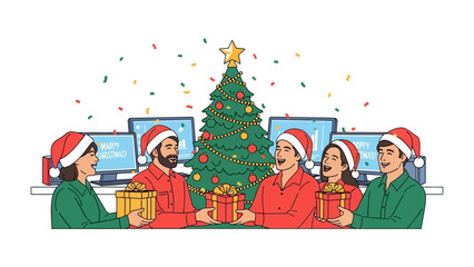 Christmas Gift Exchange in Office: Festive office workers exchange gifts amidst a decorated Christmas tree and computers, spreading holiday cheer and goodwill in a seasonal work setting.