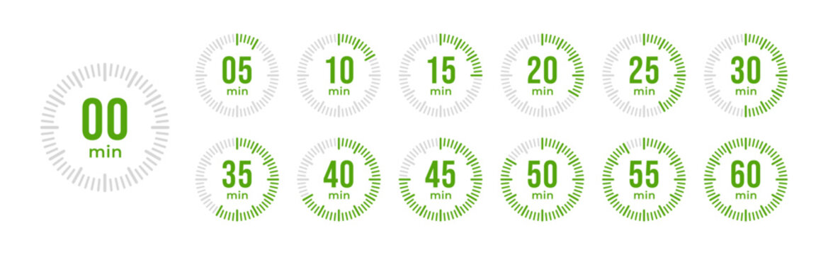 Set of timer and stopwatch icons representing time tracking, countdown, and duration for various activities such as cooking and planning.