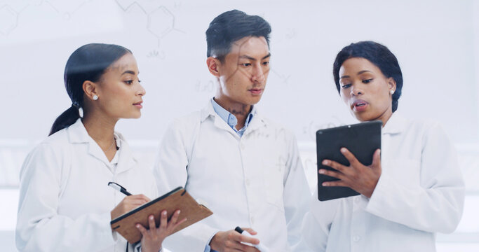 Tablet, glass wall and group of scientists with formula, chemistry research or molecule. Tech, science team and people with chemical equation, medical development or brainstorming notes in laboratory - Powered by Adobe