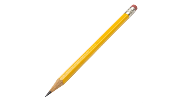 Yellow pencil lying on a flat surface with a sharp point and eraser a transparent background