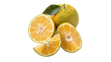 Fresh citrus fruit with vibrant yellow color and green leaves arranged attractively on  a transparent background