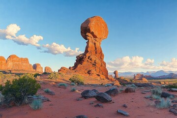 Large balanced rock formation in a desert landscape under a clear blue sky with scattered clouds and surrounding red rocks and sparse vegetation
