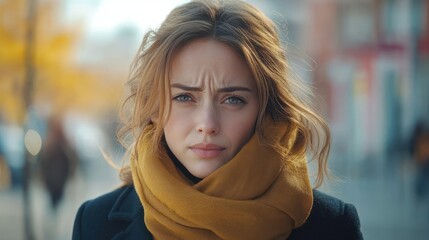 Close-up of a young woman with blonde hair wearing a warm mustard-colored scarf and dark coat outdoors on a blurred city street, showing a serious and contemplative expression