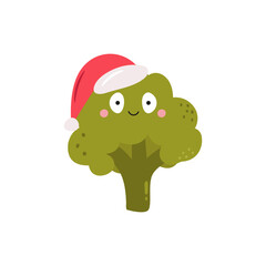 Funny Broccoli Character Vector Illustration with Santa Hat. Cute Flat Cartoon Christmas Veggie Art.