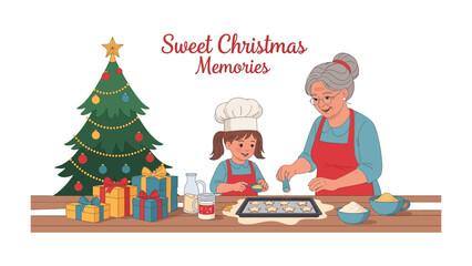 Sweet Christmas Memories: A heartwarming holiday scene unfolds as a grandmother and granddaughter joyfully bake Christmas cookies together, surrounded by festive decorations.