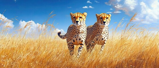 Two cheetahs walking side by side through tall golden grass under a blue sky with scattered clouds