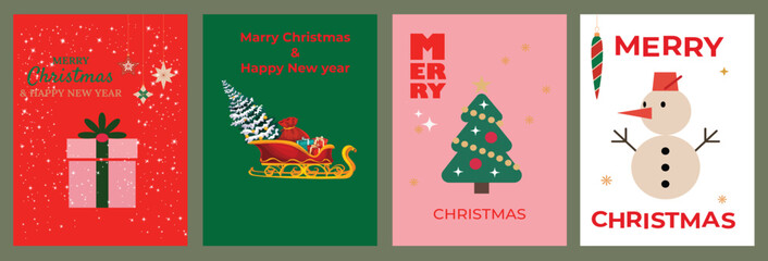 Festive christmas card designs featuring a gift santa s sleigh a tree and a snowman