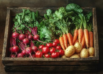 Wooden crate filled with fresh red radishes with green leaves, ripe red tomatoes, orange carrots with green tops, and yellow potatoes on rustic dark background