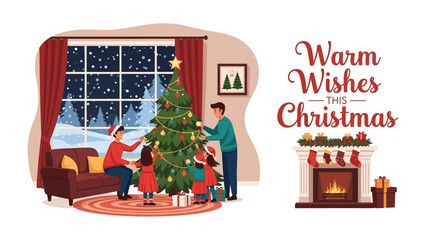 Warm Wishes Christmas: A family gathers to decorate the christmas tree beside fireplace, under the starry sky, warm moment in christmas day, Christmas atmosphere, joyful, sharing love