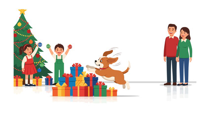 Christmas Family Celebration: A vibrant family scene unfolds as a decorated christmas tree stands beside a pile of presents. A dog jumps for joy.