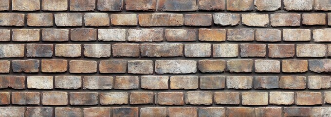 Fototapeta premium Close-up view of an old weathered brick wall with varied shades of brown, orange, and gray bricks showing rough textures and mortar lines