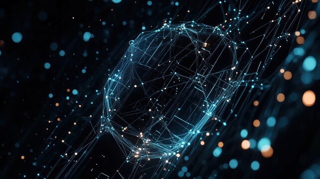 Abstract digital network sphere composed of glowing blue lines and nodes connected in a complex web with floating light particles on dark background