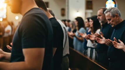 Diverse group of people praying with open hands in a church service. Christian worship and communal spiritual devotion.