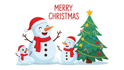 Festive Christmas Gathering: Delightful snowmen gather around a decorated Christmas tree, evoking warmth and joy, with the cheerful greeting Merry Christmas displayed above.