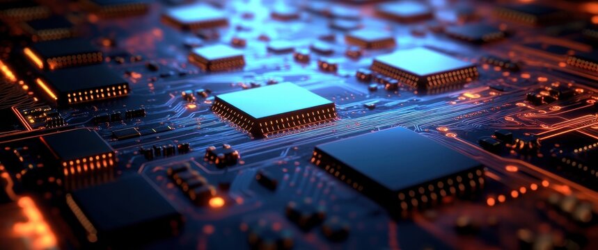 Close-up view of an illuminated computer circuit board with microchips and glowing electronic pathways in a high-tech environment