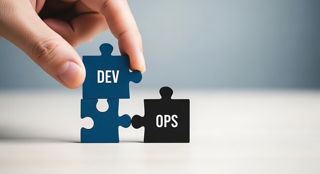 Hand connecting two puzzle pieces labeled dev and ops, representing devops integration and collaboration in technology