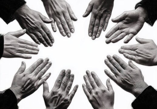 Twelve diverse hands placed palm down in a circular arrangement on a white background symbolizing unity and collaboration - Powered by Adobe