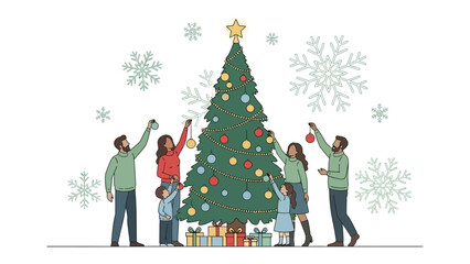 Festive family: A warm family gathering adorns a grand Christmas tree with ornaments, the scene punctuated by falling snowflakes, creating a festive holiday atmosphere