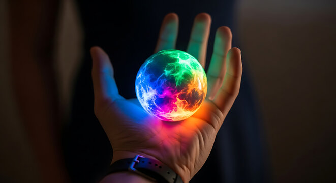 Glowing orb of light held in a persons hand, vibrant colors