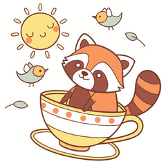 Cute Bashful Red Panda, accessorized with sitting in a teacup ride, in a Morning sunshine world &ndash; Sunny Mornings palette vector