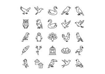 Vector Bird Icons Collection - Ornithology Set, Black and White Avian Line Art Pictograms, Unique Feathered Friends Icons - Thick Line © Sirajudden