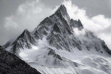 Snow-covered jagged mountain peaks partially shrouded in misty clouds under a cloudy sky creating a dramatic and majestic atmosphere